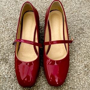Odema Brand Red Patent Leather Mary Jane Block Heel Pumps.